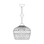 Pendant light fixture, metal construction, spherical shape with repeating geometric petal-like elements and slender rod suspension.