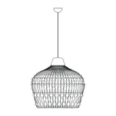 Pendant light, black line art, spherical form with repeating crown-like elements, slender stem, circular ceiling mount, white background.