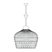 Pendant light, black line drawing, circular perforated shade with geometric cutouts suspended from a slender rod and flat ceiling mount.