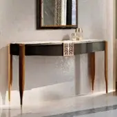 Distinguished BelMondo Lexington Avenue console with light marble top and dark wood drawers built with glossy wood legs