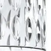 Transparent decorative element, clear polished material, repeating vertical oval pattern with concave interiors and reflective surface.