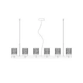 Quarzo suspension lamp, black linear fixture with five rectangular perforated lamp heads, slender poles, and curved suspension cable.