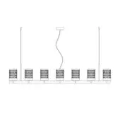 Quarzo suspension lamp, gray metal, six rectangular fixtures with perforated diffusers, minimalist linear design, curved ceiling mount.