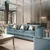 Superior BelMondo by Bellotti Ezio Palais Royal sofa with light blue textile and dark brown piping
