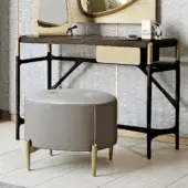 Exceptional BelMondo by Bellotti Ezio Afrodite ottoman with grey leather-like base and light grey tufted fabric, built with satin-finish wood legs