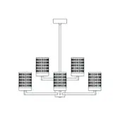 Quarzo chandelier line drawing, black and white, featuring cylindrical diffusers, rectangular supports, and a symmetrical tiered structure.