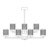 Quarzo chandelier black and white line drawing, cylindrical body with five arms supporting square diffusers featuring circular perforations.