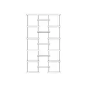 Open shelving unit, light wood, double-column design with evenly spaced horizontal shelves and rectangular frames against a white backdrop.