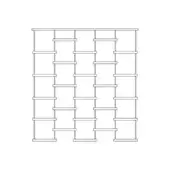 Modular shelving unit, metal and wood, three vertical sections with evenly spaced rectangular shelves and minimalist geometric design.