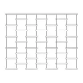 Minimalist shelving unit, white metal, three vertical columns with horizontal bars forming a repetitive grid pattern against a white background.