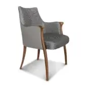 Meticulous Bellotti Ezio Demetra armchair with woven gray fabric and smooth matte gray leather built with curved brown wooden armrests