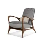 Distinguished BelMondo by Bellotti Ezio Rea lounge chair with textured gray fabric and smooth gray synthetic shell built with a brown wood frame
