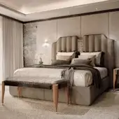 Distinguished Bellotti Ezio Lexington Avenue bed upholstered in matte taupe textile with dark brown trim and channeled headboard