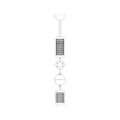Pendant light, black line drawing, cylindrical stem with lattice, ring, half-sphere, and rectangular prism with cutouts, studio rendering.