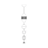 Chandelier, metal line drawing, cylindrical mount with dome shade, spherical tiers, wireframe grid, conical base, minimalist design.