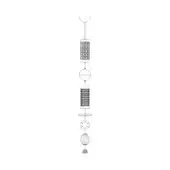 Pendant light, metal, technical drawing showing multi-tiered design with rectangular shades, cylindrical form, spherical cage, and circular discs.