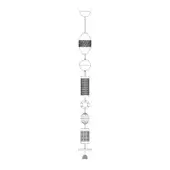 Pendant light, black line drawing, multi-tiered geometric design with cylindrical, rectangular, spherical elements and circular connectors.