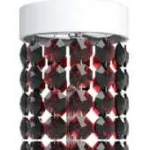 Pendant light, white ceramic and red crystal, cylindrical shade with faceted lattice design and black accents.