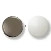 Paint swatches, metallic iron grey and matte white, circular forms with raised edges, displayed with text labels against a white backdrop.