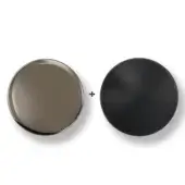 Iron grey gradient sphere, plus sign, and matt black sphere against white, studio lighting, smooth surfaces.
