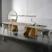 Exceptional Sovet Italia GranDeod MAXI table with glossy marble-patterned top and lacquered golden metal double base