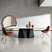 Exclusive Sovet Italia GranDeod table with tempered glass top displaying a white marble pattern and a dark matte lacquered metal base