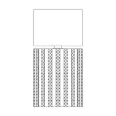 Table lamp black and white line drawing, rectangular shade, square base with vertical lattice pattern and triangular spaces, minimalist design.