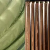 Green resin swirl and vertically ridged metal surfaces, contrasting textures with silver highlights, studio shot, Matilda collection.