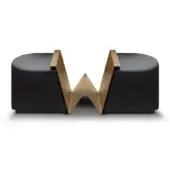 Black leather ottomans with gold metal “W” base, modern geometric design, studio product shot, Wayne we 158 r model.