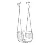 Wicker baby swing with coiled rope suspension, contoured seat, and textured cushion, black and white line drawing.