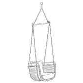 Woven hanging chair with rounded seat and backrest, suspended by thick ropes from a horizontal bar and overhead hook.