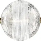 Wall sconce, clear ridged glass with gold metal brackets, spherical shape featuring integrated LED lights and minimalist modern design.