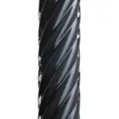 Black glass torchon with twisted spiral form and white inclusions, displaying a glossy sheen and undulating ridges against a white backdrop.