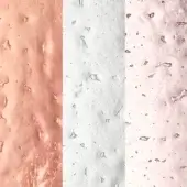 Texture samples in salmon pink, transparent white, and pale pink with droplet formations, glossy finish, and rippled, crystalline patterns.
