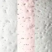 Transparent textured panels, cherry and grey tones, scattered droplet pattern, glossy surface, triptych composition, diffused studio lighting.