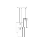 Pendant light fixture, linear composition, three-tiered rectangular forms with square cutouts, minimalist line drawing, white background.