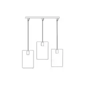 Three-light pendant fixture, white rectangular shades, black outline, descending cords, horizontal bar, studio illustration.