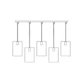 Five-light pendant chandelier, matte silver finish, with rectangular shades suspended from a horizontal bar, minimalist design.