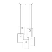 Chandelier line drawing, minimalist design, six cables support staggered rectangular elements with square cutouts, white background.