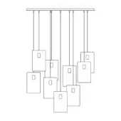 Linear chandelier with black rectangular shades suspended from a horizontal bar in a staggered, asymmetrical arrangement against a white backdrop.