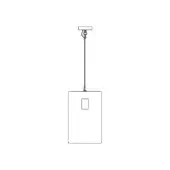Pendant light, black metal, rectangular shade with central square cutout suspended from circular ceiling mount on white background.