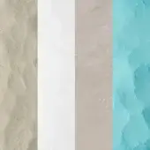 Color palette featuring sand beige, white, smoke grey, and aquamarine textures in vertical rectangles, labeled “mura” colors.