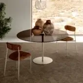 Exclusive Tonelli Design Farniente table with smoky dark glass top and matte cylindrical metal base