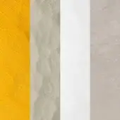 Textured fabric swatches—yellow corduroy, grey granular, white matte, smoke grey mottled—labeled amber, sand, satin white, smoke grey.