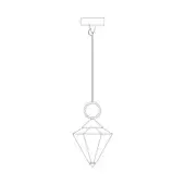 Pendant light, metal and glass, rectangular canopy with a circular ring supporting a faceted diamond-shaped geometric form.