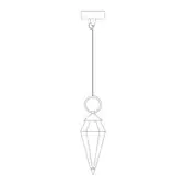 Pendant light, black line drawing, geometric shade – rectangular mount, slender cord, faceted diamond shape, tapered point, white background.