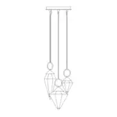 Three-pendant light fixture, black line art, with rectangular mount, descending cords, and faceted geometric pendants decreasing in size.