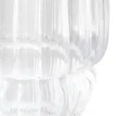 Glass vase, clear ribbed glass, rounded bulbous shape with flared base and textured dot pattern.