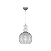 Pendant light, metal, circular perforated shade with ribbed detailing, tiered stem with dot pattern, square grid ceiling mount.