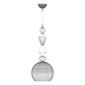 Pendant light, metal wireframe, spherical grid base with stacked hourglass shapes and beaded rings, slender cylindrical neck, technical drawing.